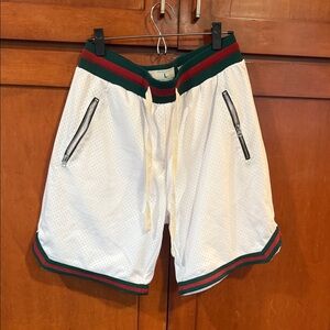 Stylish White Mesh Men's Shorts with Green and Red Trim
